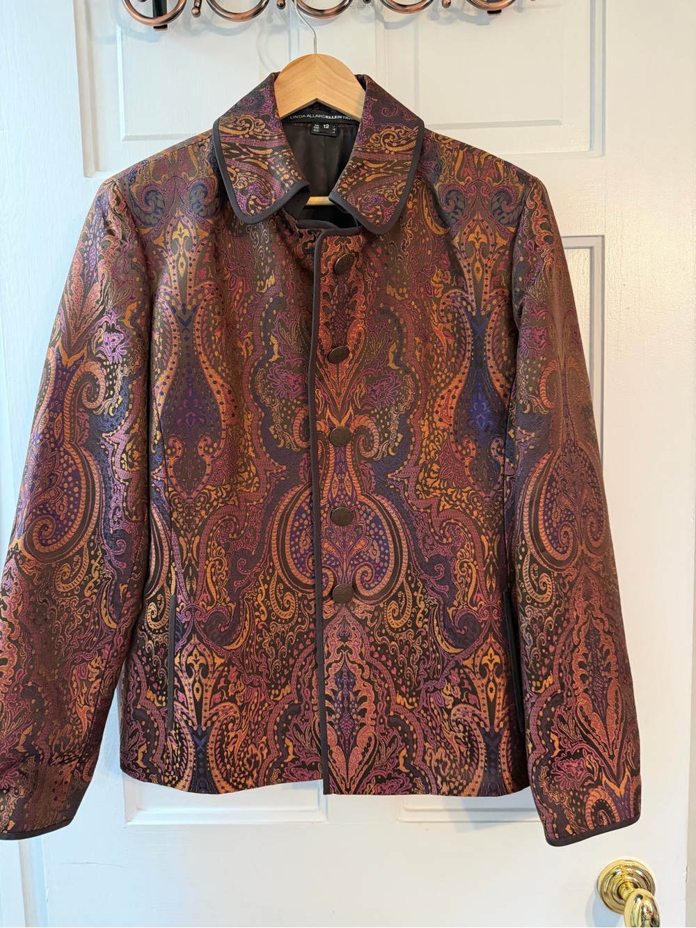 Linda Allard Ellen Tracy 100% Silk Paisley Jacquard Jacket Size 12 Purple Brown